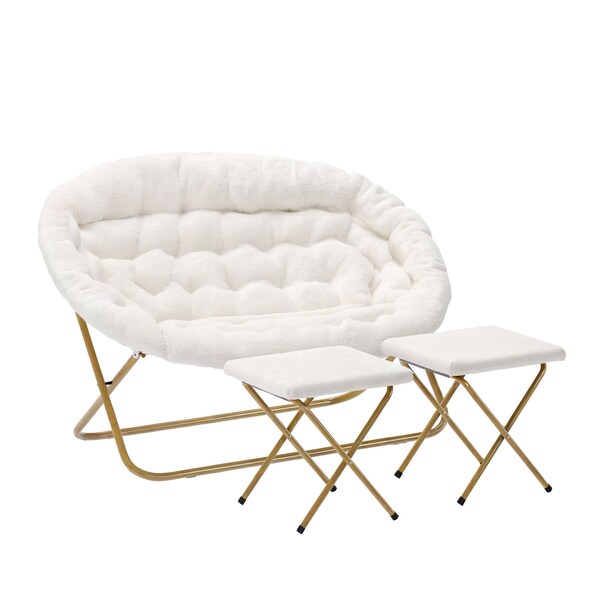 Flash Furniture Eleanor 56-in Folding Double Saucer Chair w/2 Folding Ottomans Ivory Faux Shearling w/Gold Frame FV-FDS-001-2FR-IV-SGD-GG - main